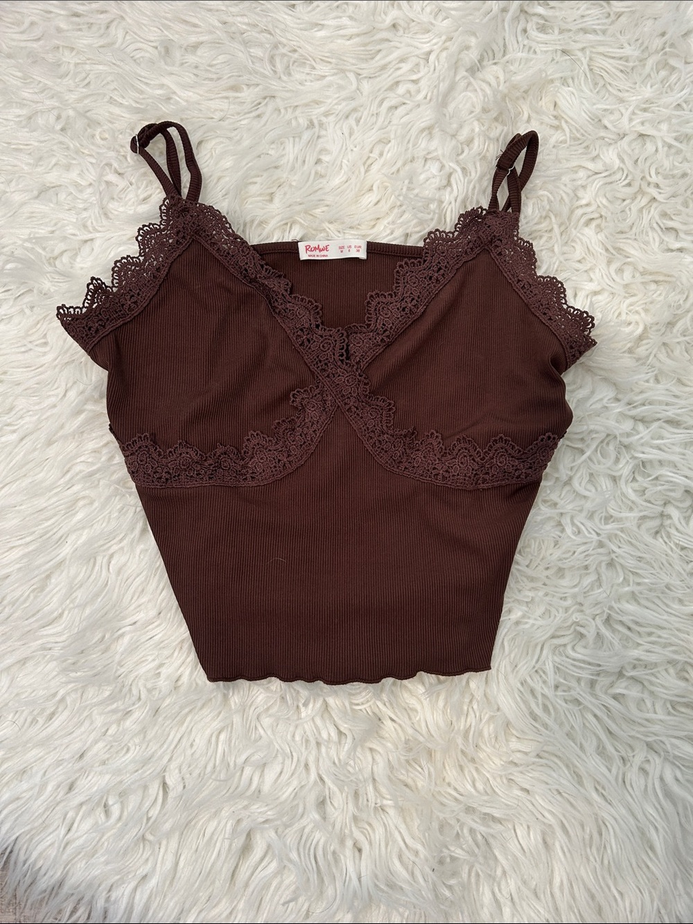 ROMWE Brown Lace-Trim Cropped Cami
